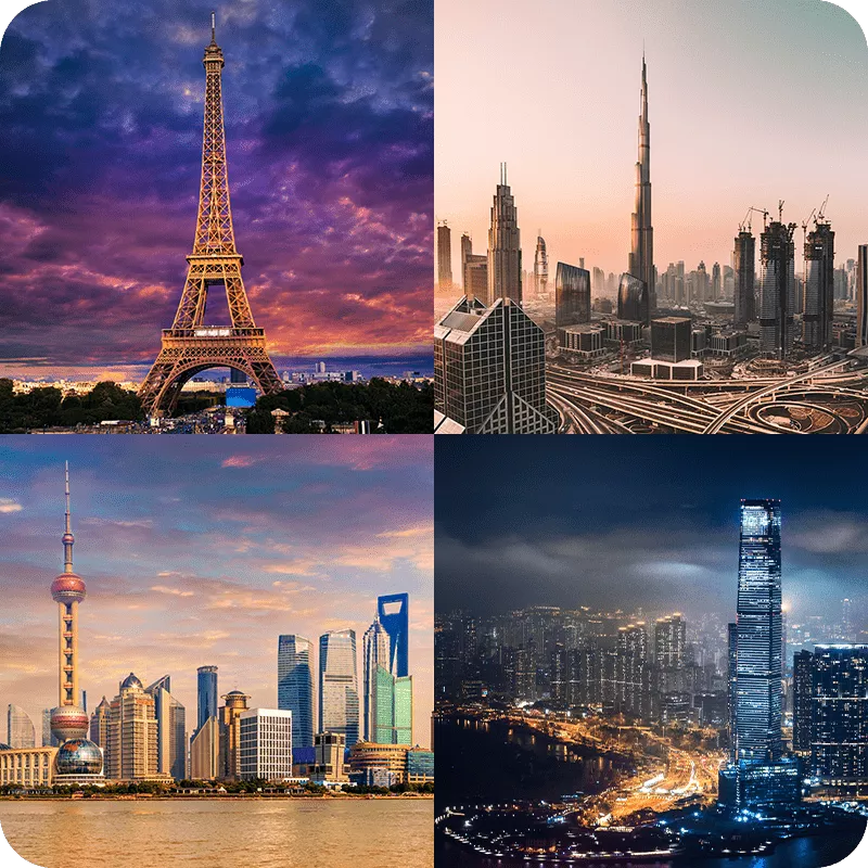 Iconic cityscapes: Eiffel Tower, Burj Khalifa, Shanghai skyline, and Hong Kong at night